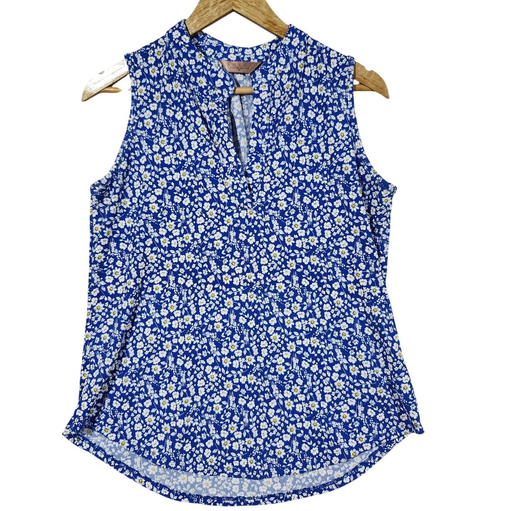 Amana Floral Print Sleeveless Blouse Top‎ Blue White Women's Size M